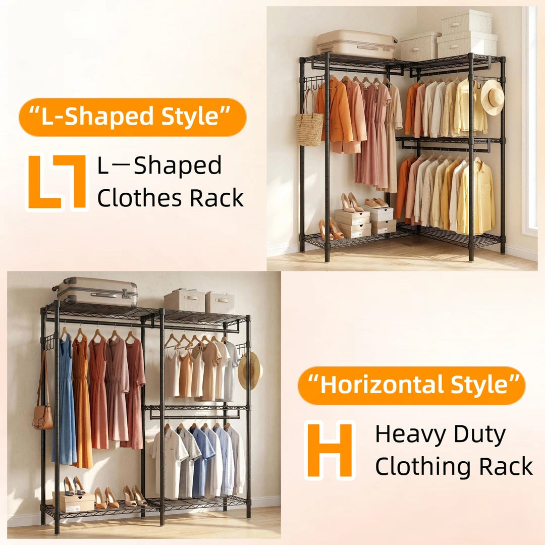 L-Shaped Garment Rack with Adjustable Shelves & 3 Hanging Rods