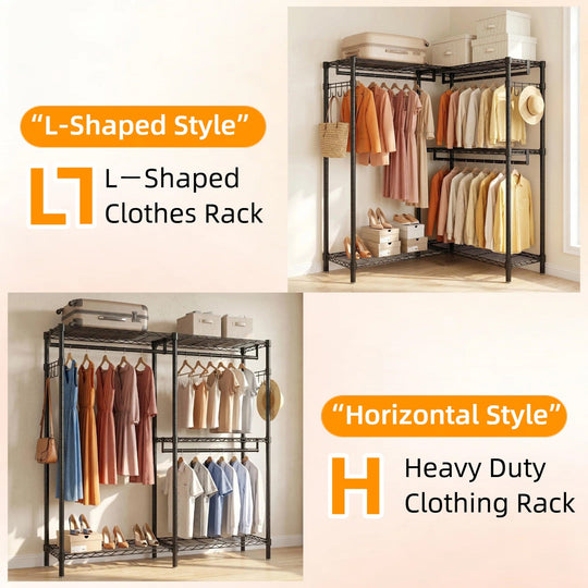 L-Shaped Garment Rack with Adjustable Shelves & 3 Hanging Rods
