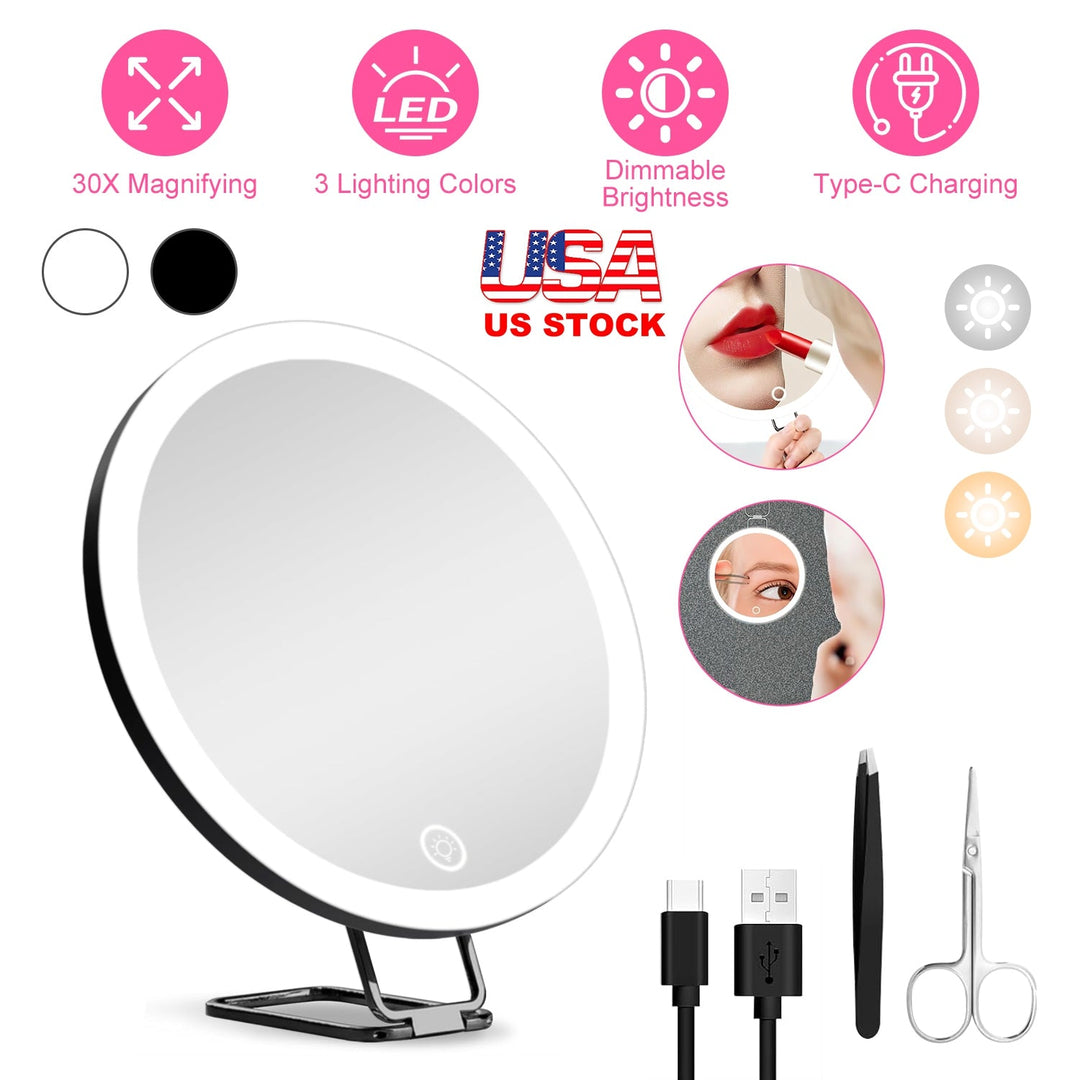 30X Magnifying Mirror With Light 3 Colors Dimmable Brightness Included Tweezer Scissor _x000B__x000B_Travel Magnifying Makeup Mirror with Suction Cup 360¡ Adjusta