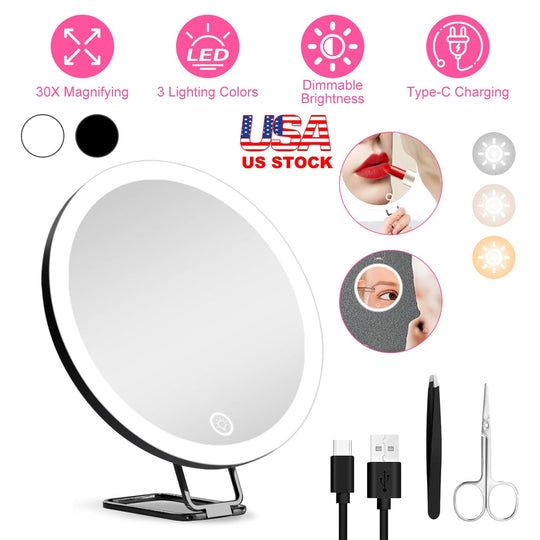 30X Magnifying Mirror With Light 3 Colors Dimmable Brightness Included Tweezer Scissor _x000B__x000B_Travel Magnifying Makeup Mirror with Suction Cup 360¡ Adjusta