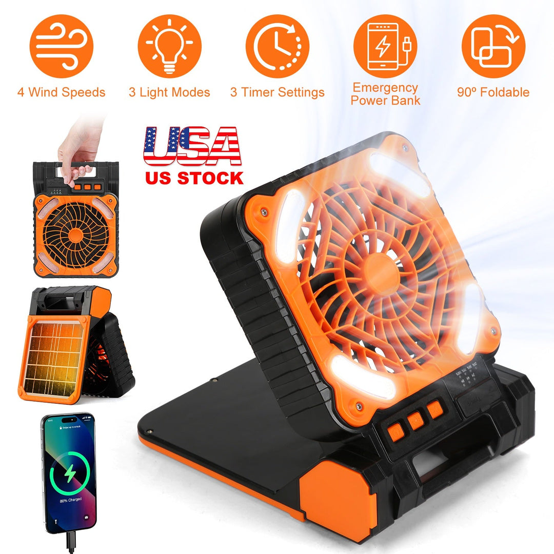 Solar Camping Fan With LED Lantern 5200mAh Rechargeable Battery Operated Portable Fan with Emergency Power Bank 4 Wind Speeds 3 Light Modes 3 Timers f