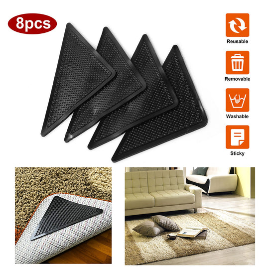 8Pcs Area Rug Gripper Pad Non Slip Anti Curling Carpet Mat Gripper Self- Adhesive Reusable Washable Renewable Hard Wood Floor Safe