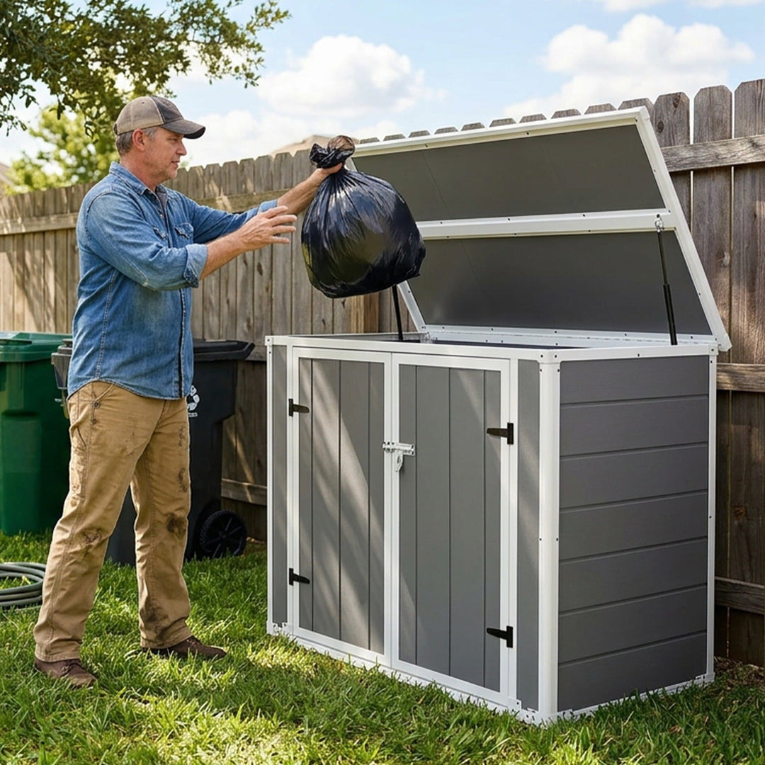 Resin Outdoor Storage Shed with Hydraulic Lid & Ramp 4.6x2.4 FT