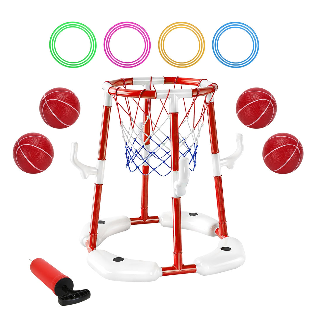 Summer Pool Basketball Hoop Toy Set With 4 Basketballs 4 Circles Pump Floating Swimming Pool Basketball Games Poolside Water Play Toy For 3-12Years Ol