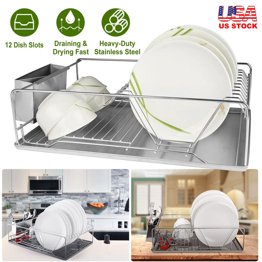 Dish Drying Rack Stainless Steel Dish Rack w/ Drainboard Cutlery Holder Kitchen Dish Organizer