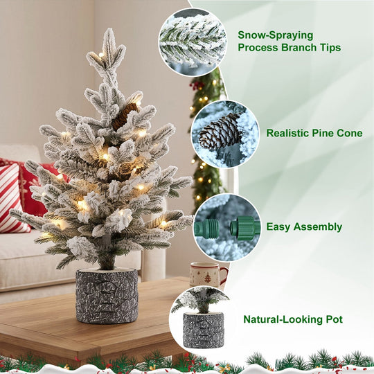2FT Pre-Lit Flocked Christmas Tree with Pot & Pine Cones