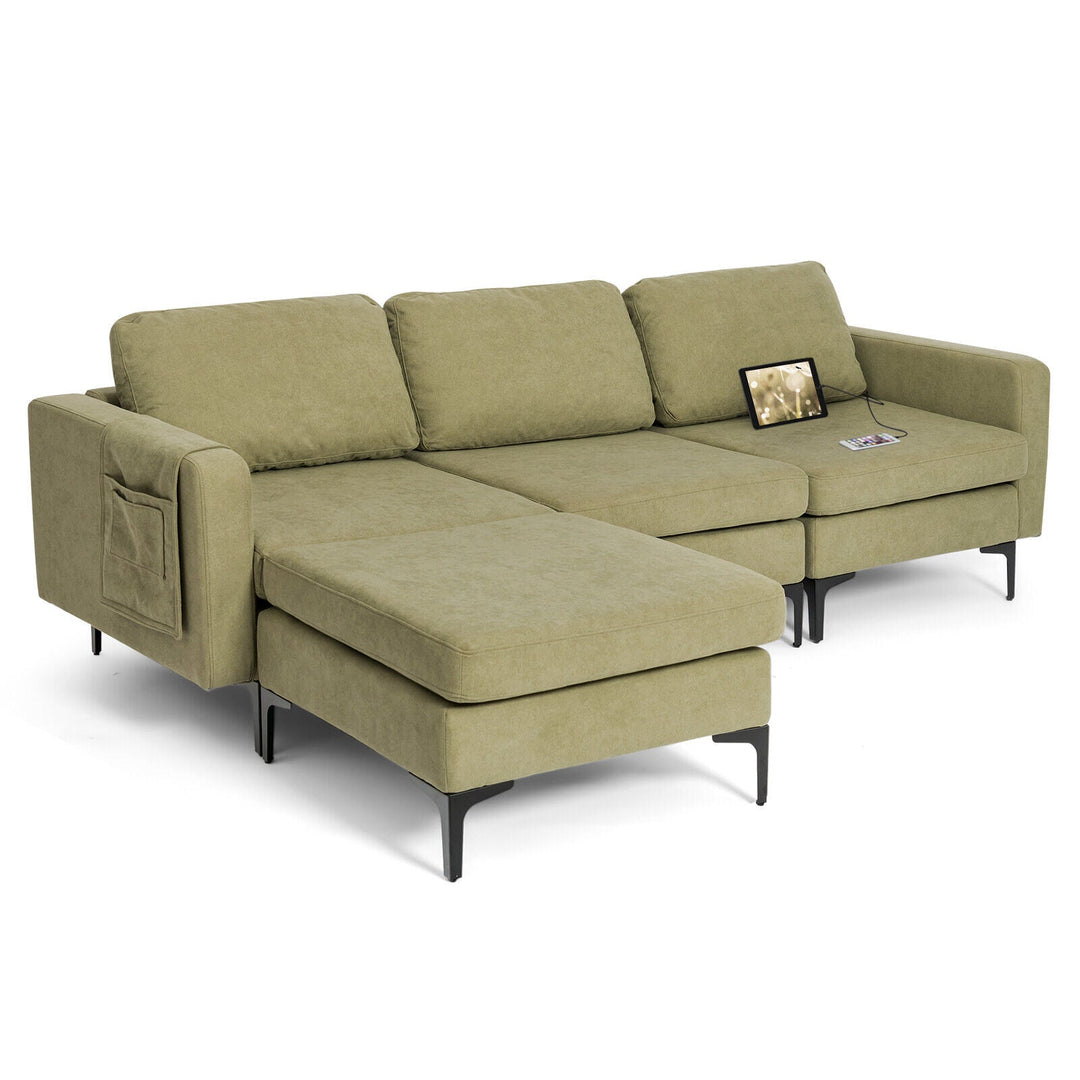 Modular 3-Seat L-shaped Sectional Sofa with Reversible Chaise and 2 USB Ports-Green
