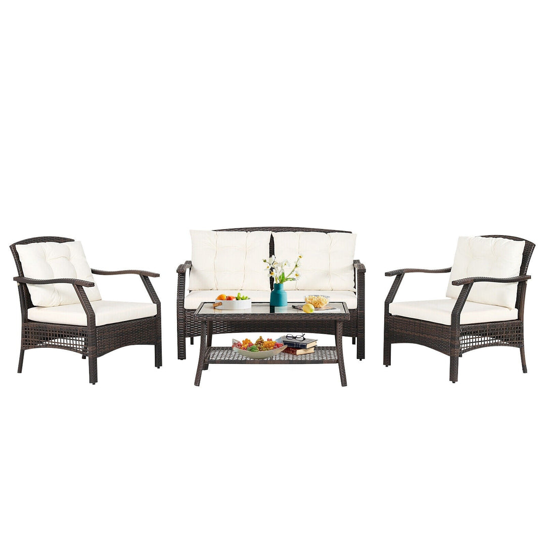 4 Pieces Outdoor Rattan Conversation Set with Protective Cover