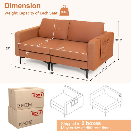 Modern Loveseat Sofa Couch with Side Storage Pocket and Sponged Padded Seat Cushions