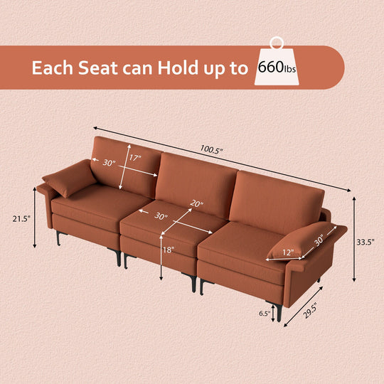 Large 3-Seat Sofa Sectional with Metal Legs for 3-4 people