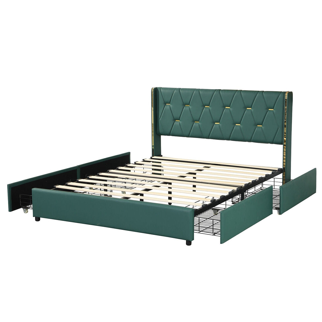 Full/Queen Size Upholstered Bed Frame with 4 Drawers-Green