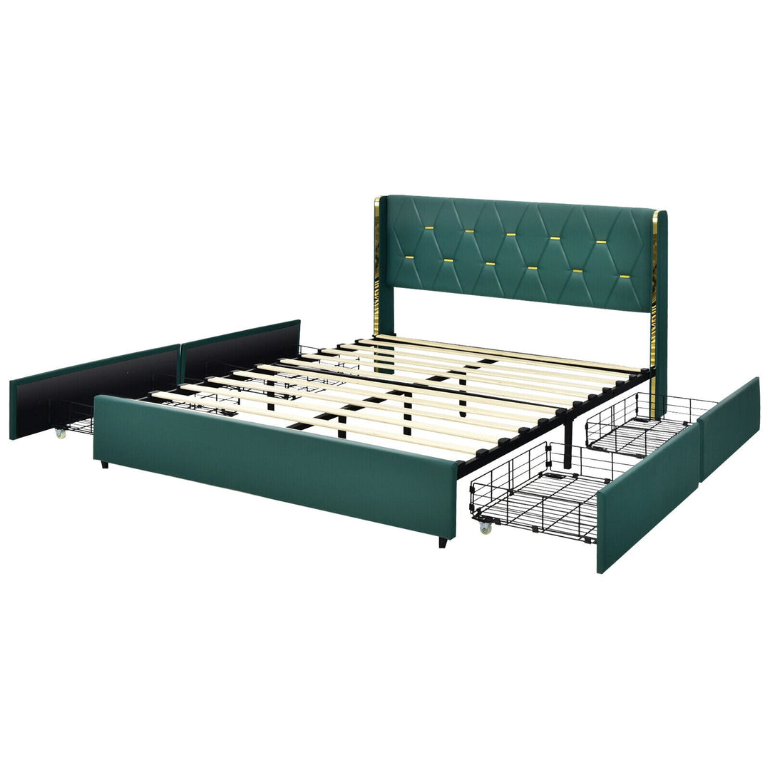 Full/Queen Size Upholstered Bed Frame with 4 Drawers-Green