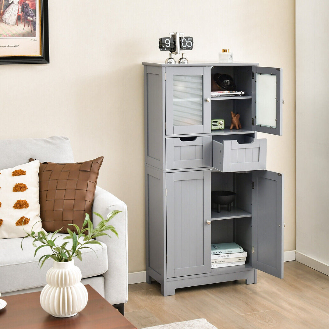 3 Tier Freee-Standing Bathroom Cabinet with 2 Drawers and Glass Doors
