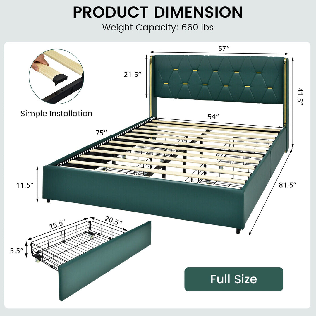 Full/Queen Size Upholstered Bed Frame with 4 Drawers-Green