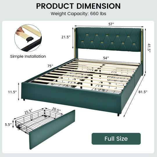 Full/Queen Size Upholstered Bed Frame with 4 Drawers-Green