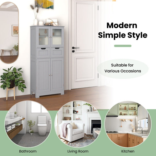 3 Tier Freee-Standing Bathroom Cabinet with 2 Drawers and Glass Doors