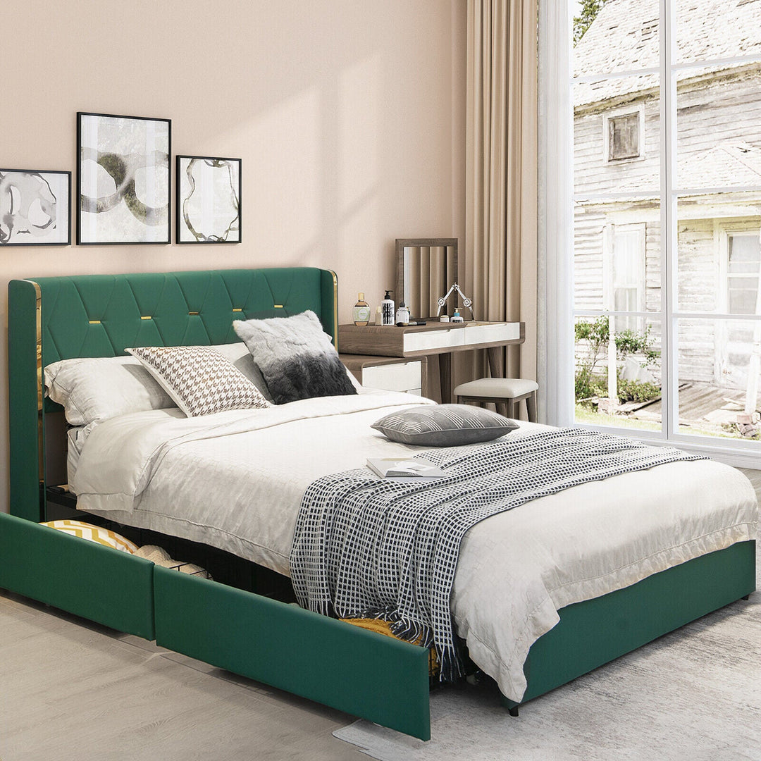 Full/Queen Size Upholstered Bed Frame with 4 Drawers-Green