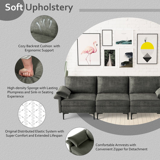 Large 3-Seat Sofa Sectional with Metal Legs for 3-4 people
