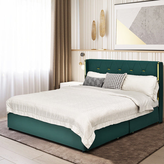 Full/Queen Size Upholstered Bed Frame with 4 Drawers-Green