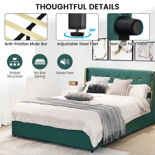 Full/Queen Size Upholstered Bed Frame with 4 Drawers-Green