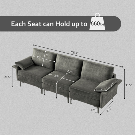 Large 3-Seat Sofa Sectional with Metal Legs for 3-4 people