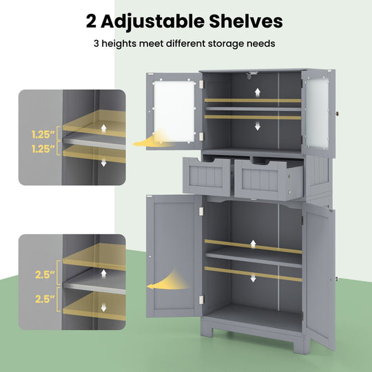 3 Tier Freee-Standing Bathroom Cabinet with 2 Drawers and Glass Doors
