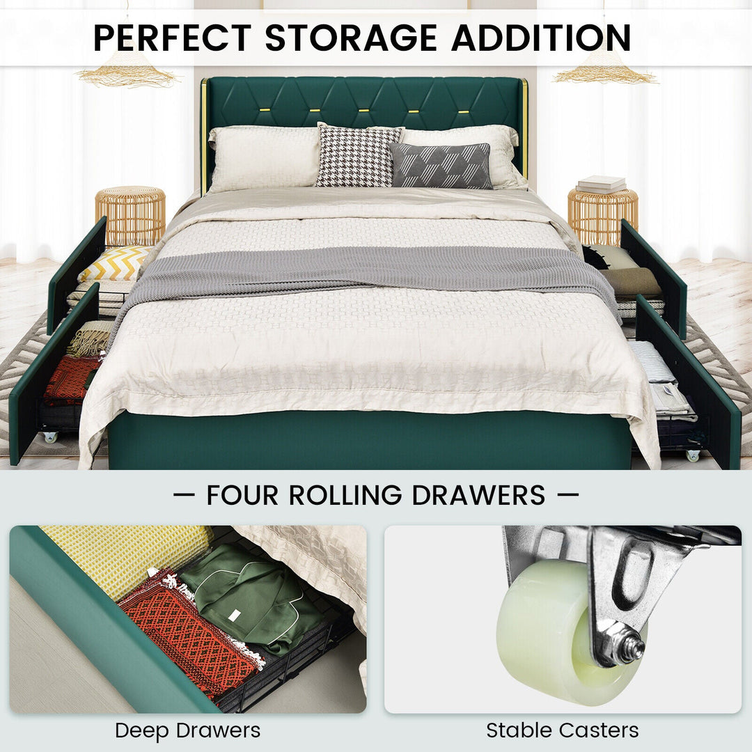 Full/Queen Size Upholstered Bed Frame with 4 Drawers-Green