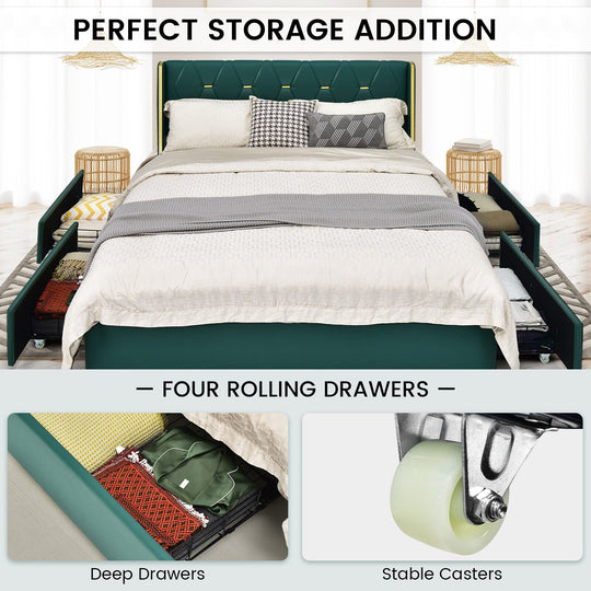 Full/Queen Size Upholstered Bed Frame with 4 Drawers-Green