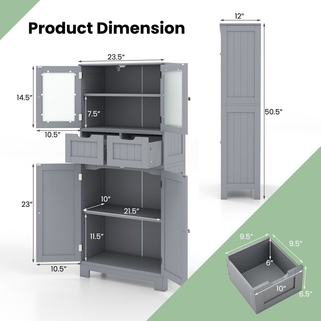 3 Tier Freee-Standing Bathroom Cabinet with 2 Drawers and Glass Doors
