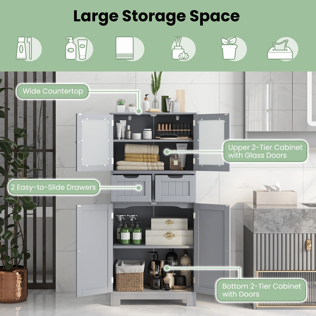 3 Tier Freee-Standing Bathroom Cabinet with 2 Drawers and Glass Doors