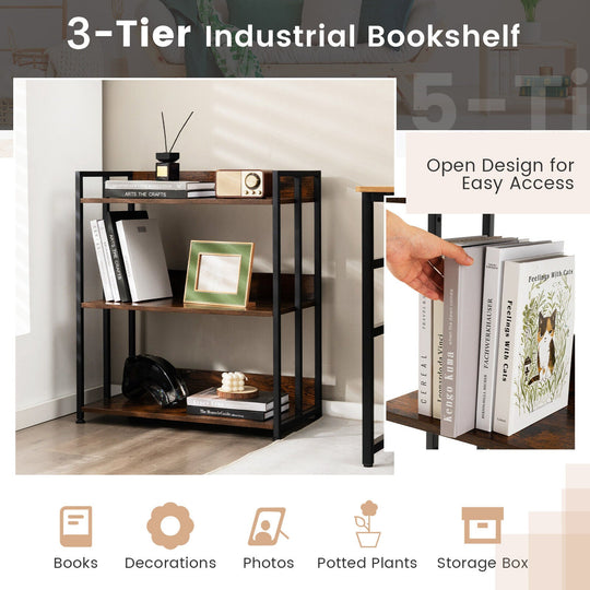 3/5-Tier Industrial Bookshelf Storage Shelf Display Rack with Adjustable Shelves