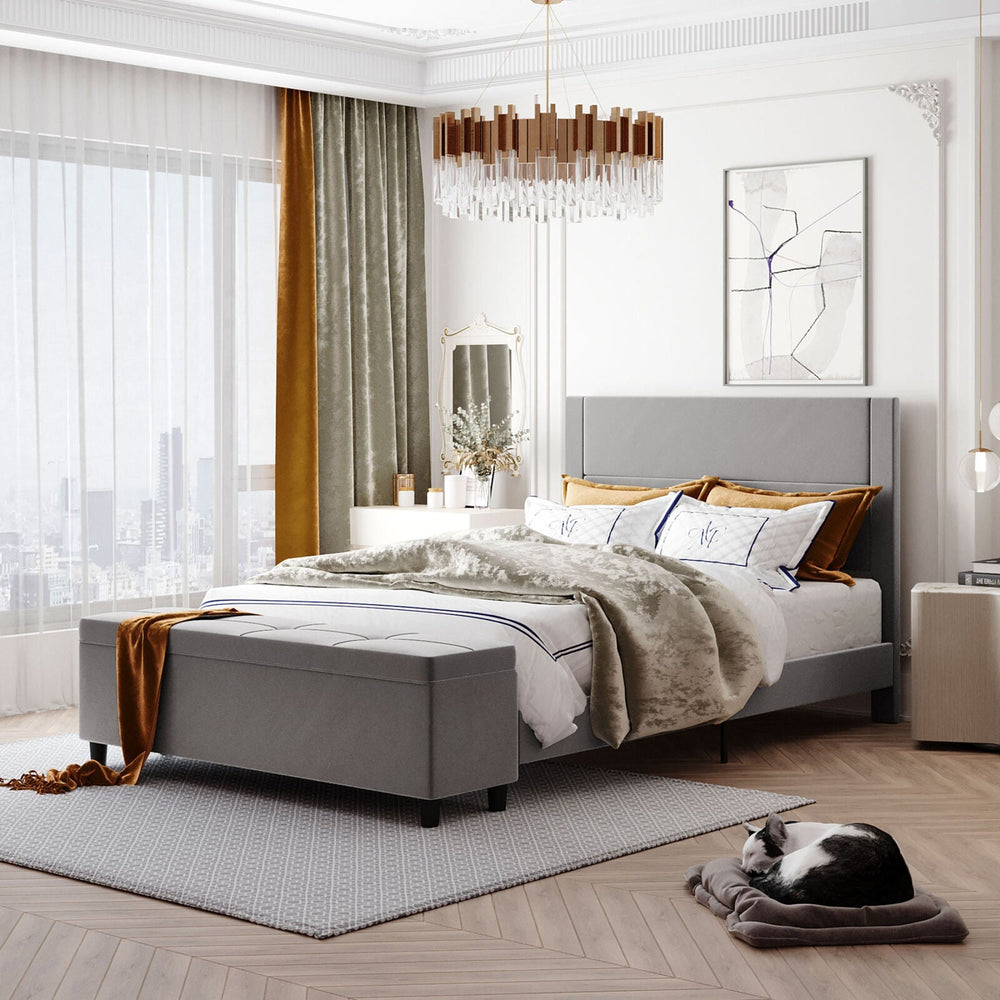 Full/Queen Size Upholstered Platform Bed Frame with Storage Ottoman