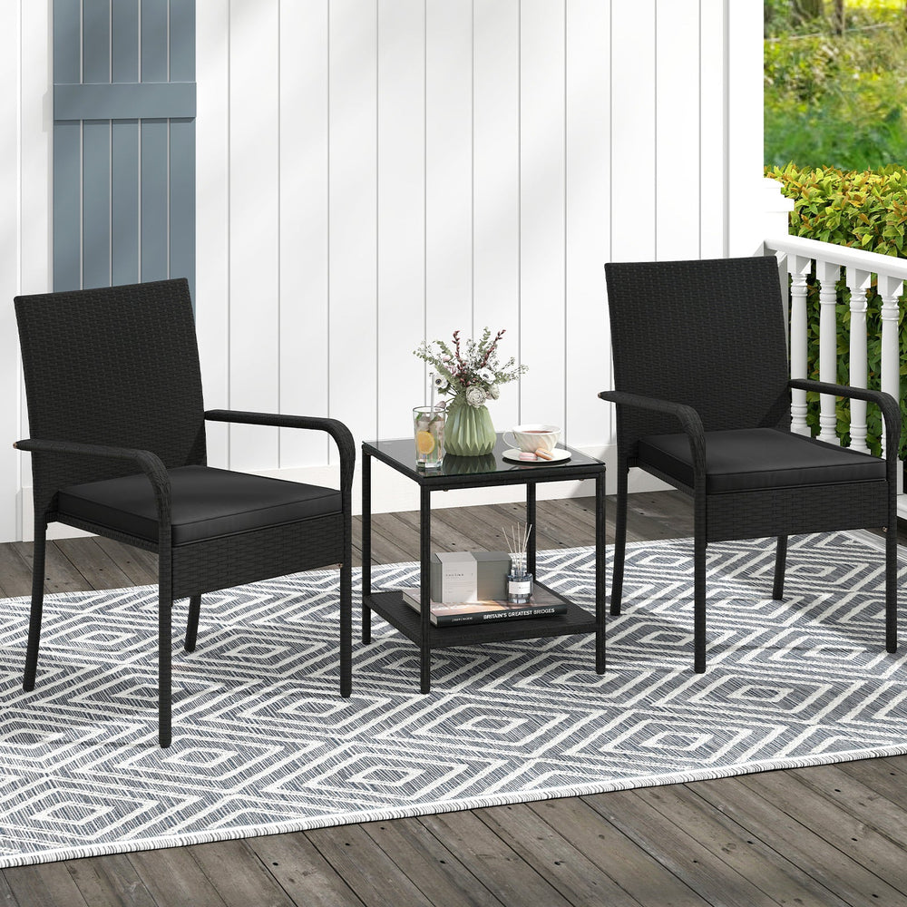 3 Piece Patio Furniture Set with Seat Cushions and Tempered Glass Tabletop
