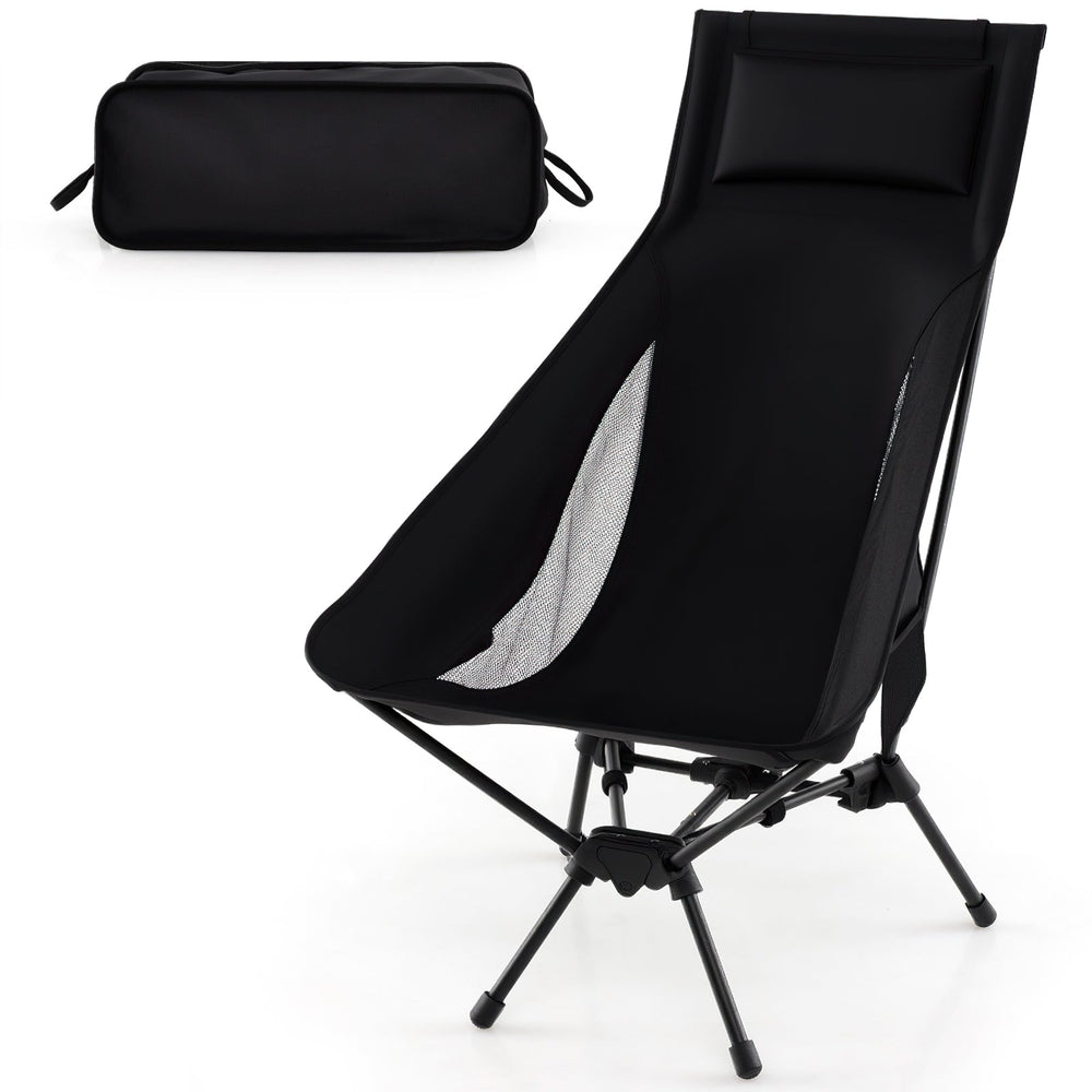 High Back Portable Camping Chair with Compact Carry Bag and Pillow-Black