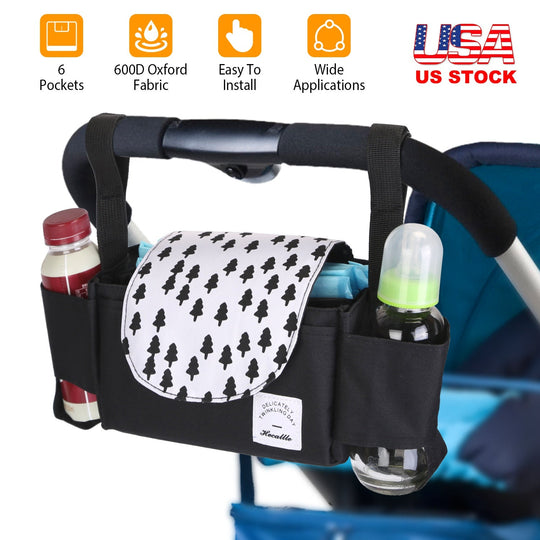 Stroller Organizer Bag 6 Pockets Baby Trolley Bag with Cup Holder for Paper Tissue Diaper Phone Snacks Baby Cream