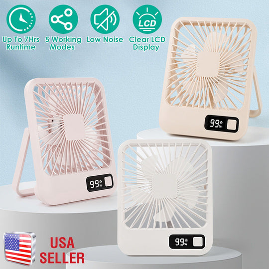 Mini Desktop Cooling Fan Rechargeable Battery Powered Personal Fan Speed Adjustment Strong Airflow Quiet Travel Fan with LCD Display for Home Office T
