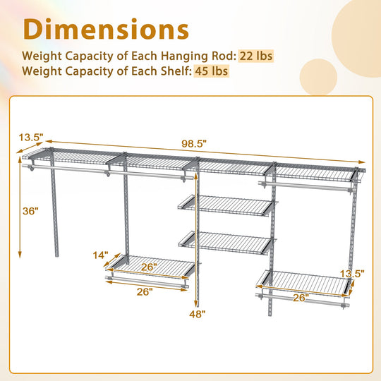 4-8 Feet Closet Organizers and Storage System with Hanging Rod for Laundry Bedroom