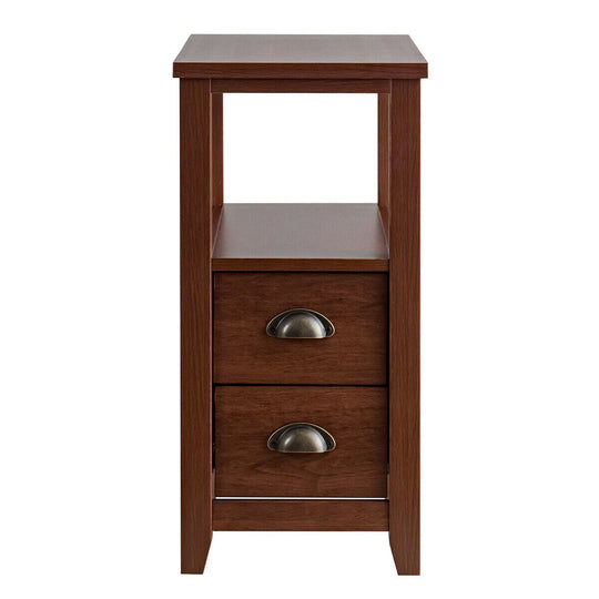 End Table Wooden with 2 Drawers and Shelf Bedside Table