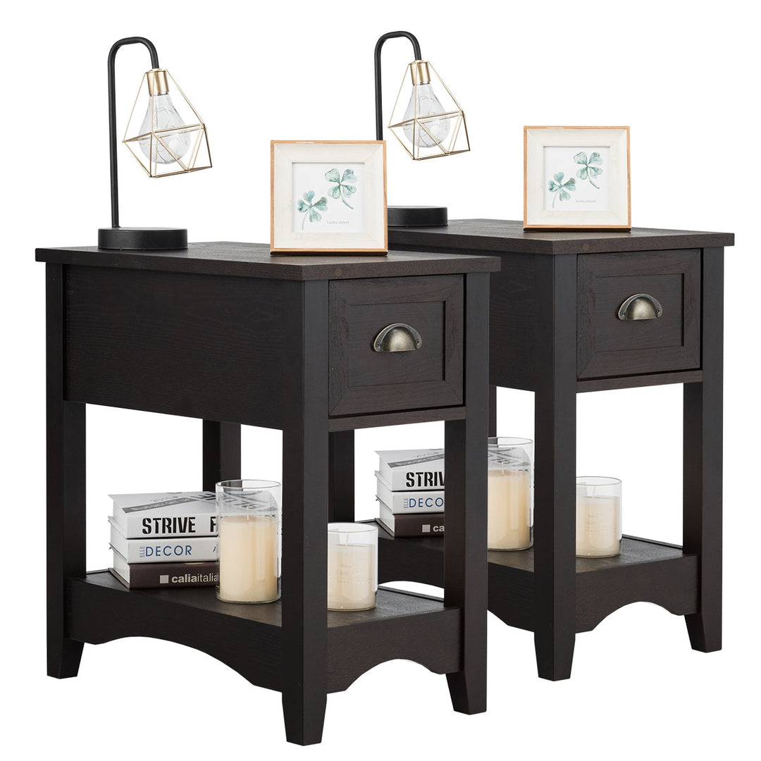 2 Pieces Retro Narrow Tiered End Table with Drawer and Storing Shelf