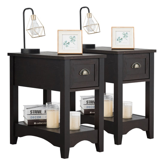 2 Pieces Retro Narrow Tiered End Table with Drawer and Storing Shelf