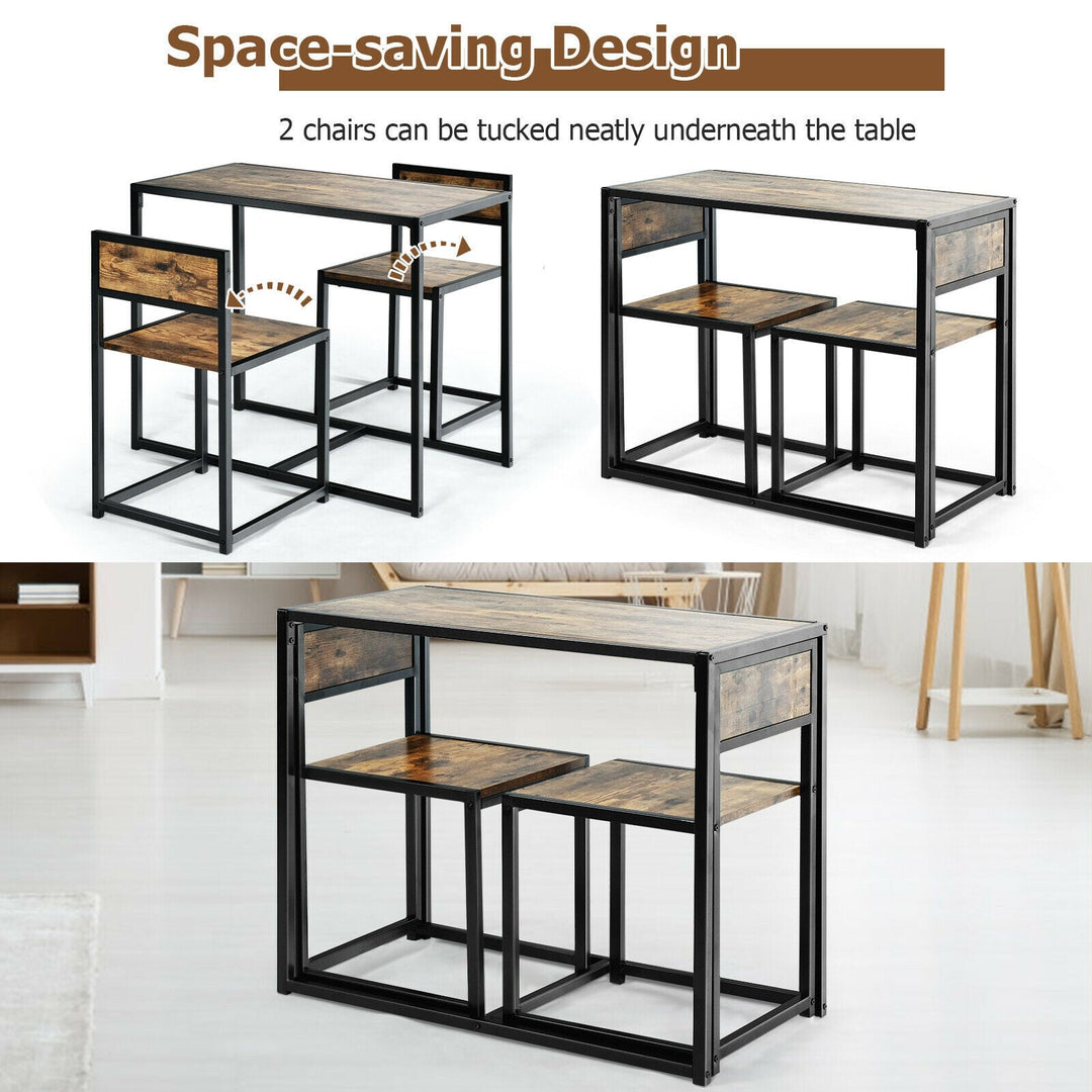 3 Pcs Dining Set Compact Table and 2 Chair with Metal Frame for for Small Space
