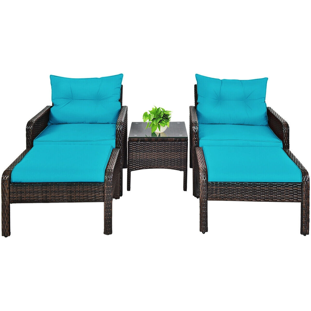 5 Pieces Patio Rattan Sofa Ottoman Furniture Set with Cushions-Black