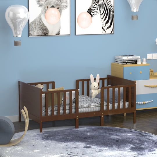 2-in-1 Convertible Kids Wooden Bedroom Furniture with Guardrails-Brown