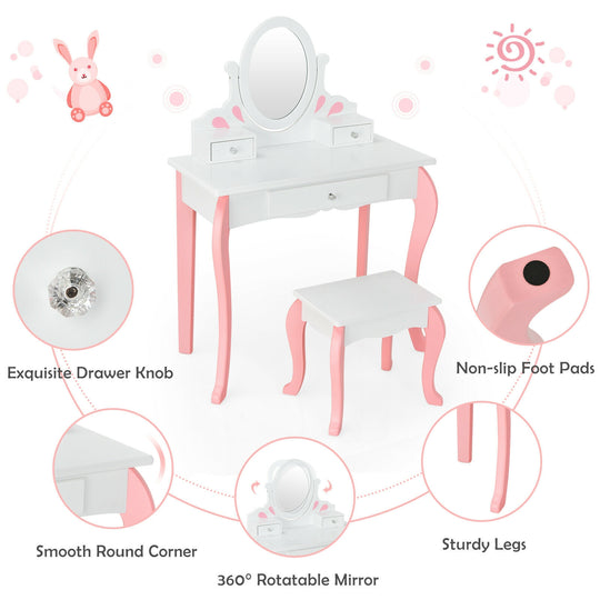 Kids Vanity Princess Makeup Dressing Table Stool Set with Mirror and Drawer-White