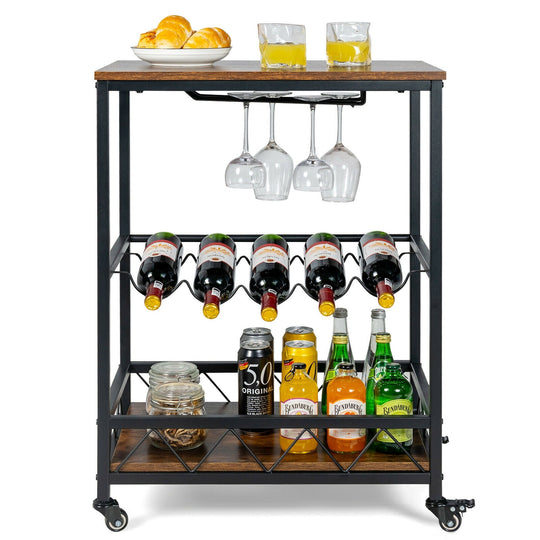 Kitchen Bar Cart Serving Trolley on Wheels with Wine Rack Glass Holder-Rustic Brown