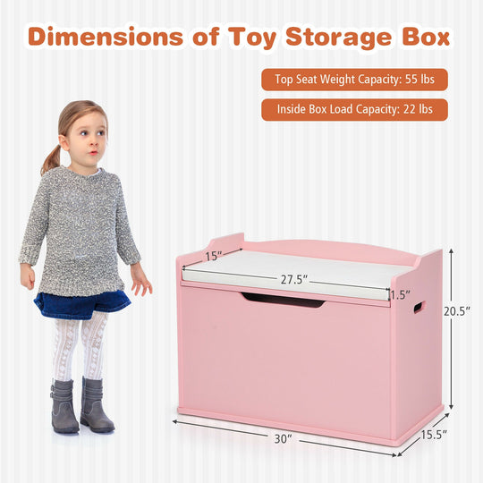 Kids Toy Wooden Flip-top Storage Box Chest Bench with Cushion Hinge-Pink