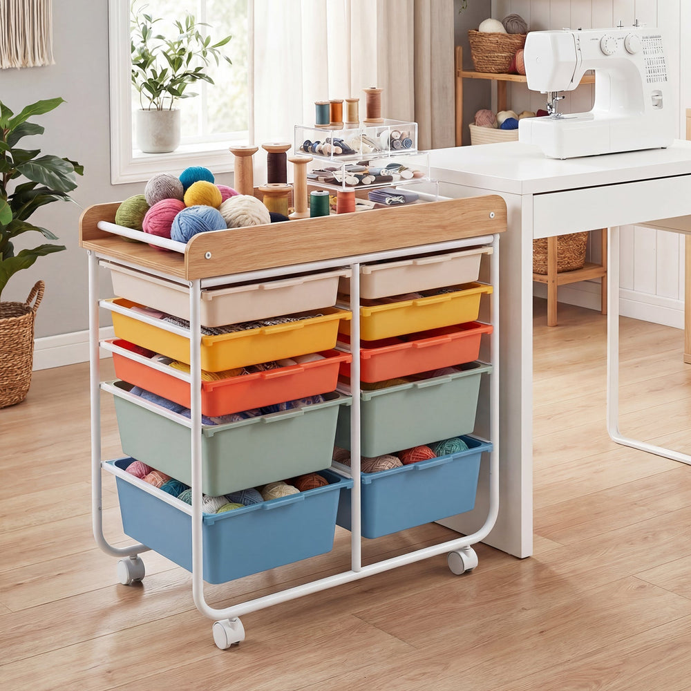 10-Drawer Rolling Cart with Wooden Tabletop and Lockable Wheels for Office