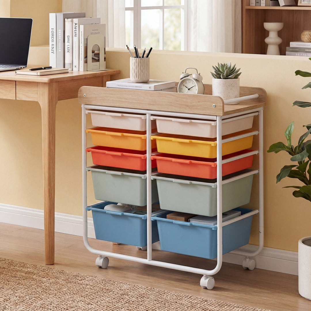 10-Drawer Rolling Cart with Wooden Tabletop and Lockable Wheels for Office
