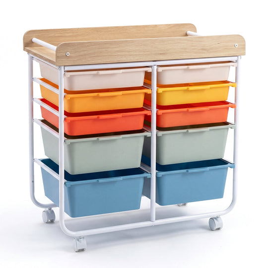 10-Drawer Rolling Cart with Wooden Tabletop and Lockable Wheels for Office