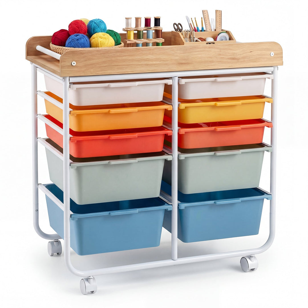10-Drawer Rolling Cart with Wooden Tabletop and Lockable Wheels for Office